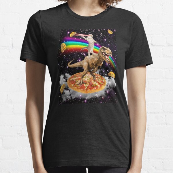 Galaxy Laser Eye Cat sur Dinosaure sur Pizza avec Tacos & Rainbow T-shirt essentiel