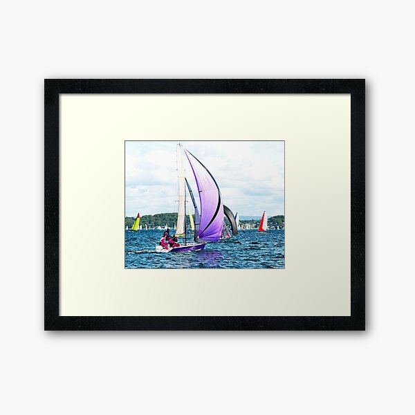 Children sailing racings sailboats with colourful sails. Lake Macquarie. Framed Art Print