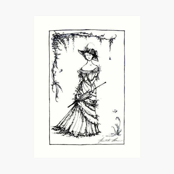 GARDEN STROLL Pen and Ink Illustration Art Print
