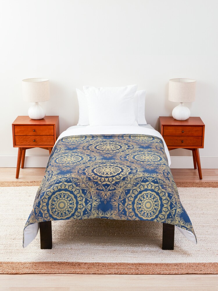Alternate view of Gold Mandala for Spirituality and Charity Blue Comforter