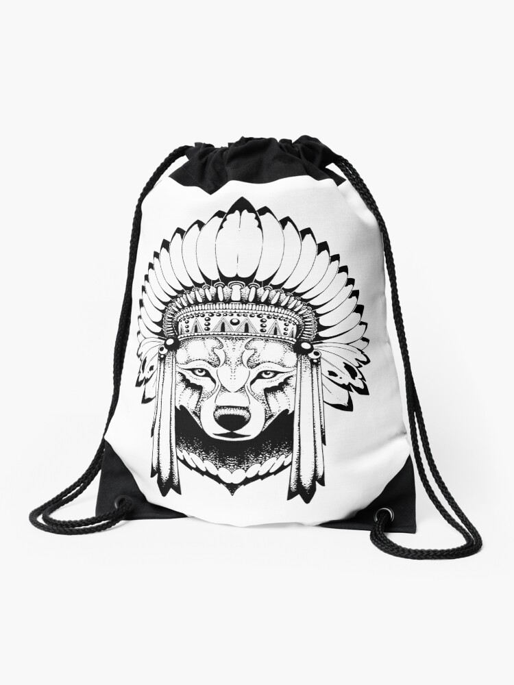 Wolf Indian Headdress Drawstring Bag By Eazypeazy Redbubble