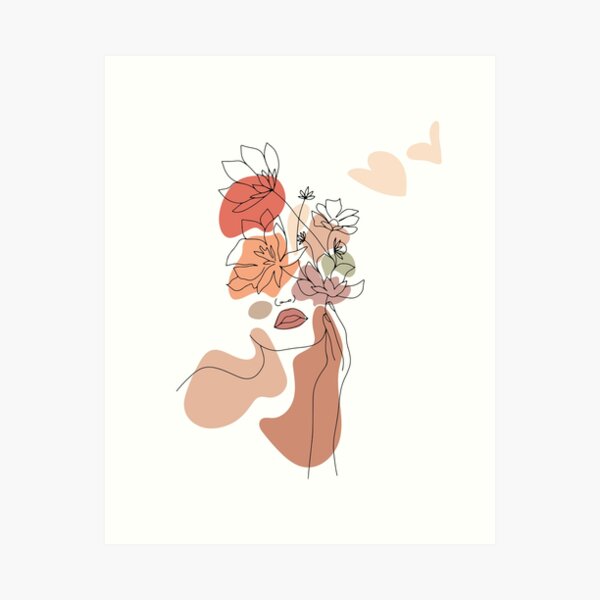 Abstract Line Art Woman With Flowers Art Print