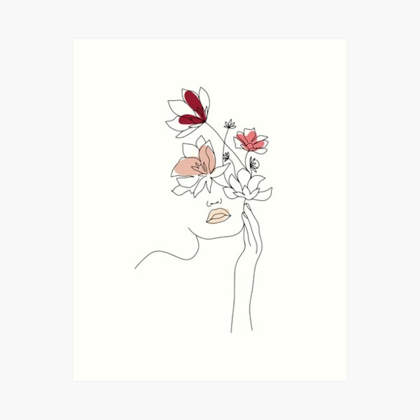 Abstract Line Art Woman With Flowers Art Print
