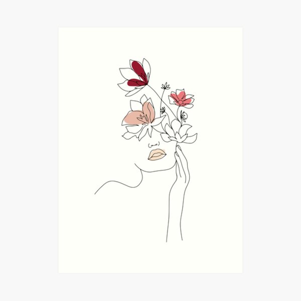 Abstract Line Art Woman With Flowers Art Print