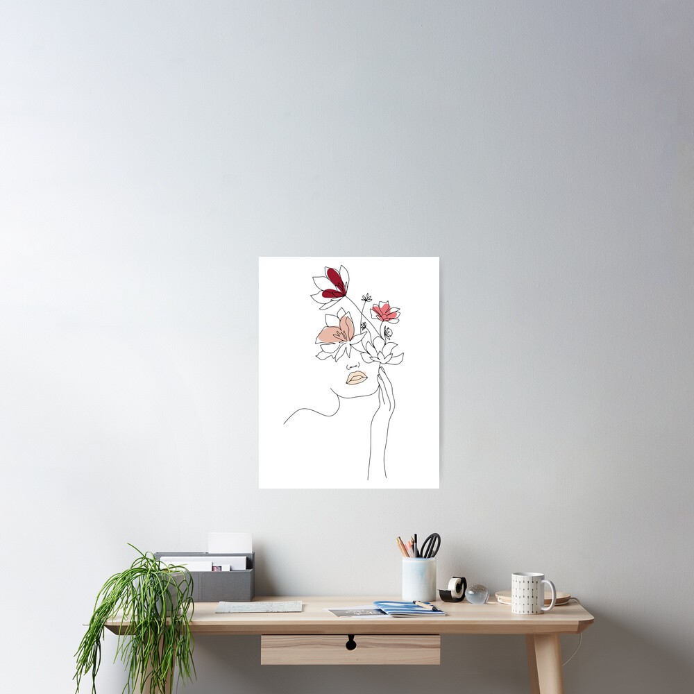 Abstract Line Art Woman With Flowers Poster