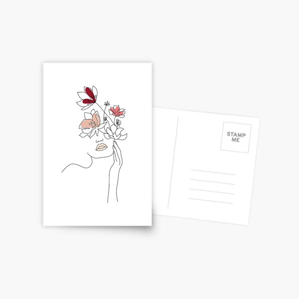 Abstract Line Art Woman With Flowers Postcard