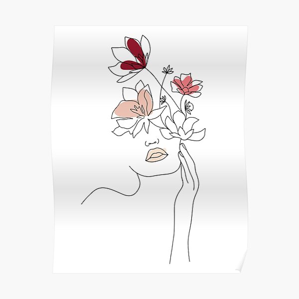 Abstract Line Art Woman With Flowers Poster
