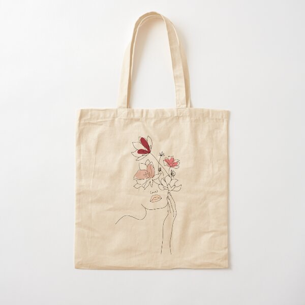 Abstract Line Art Woman With Flowers Cotton Tote Bag