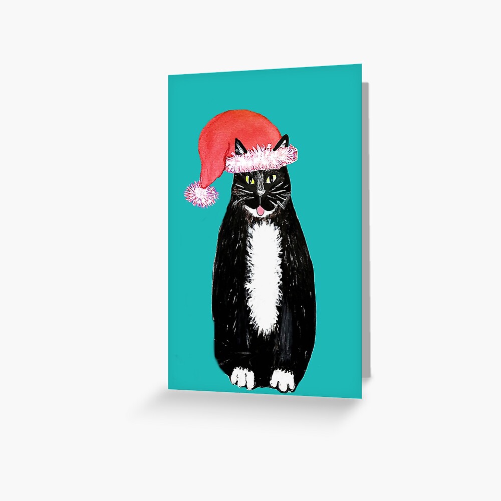 cat santa // Santa Paws tuxedo cat wearing santa hat Greeting Card