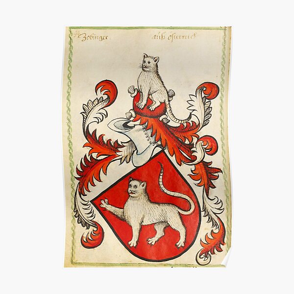 "MEDIEVAL HERALDIC CATS Coat of Arms in Red Ivory colors" Poster for