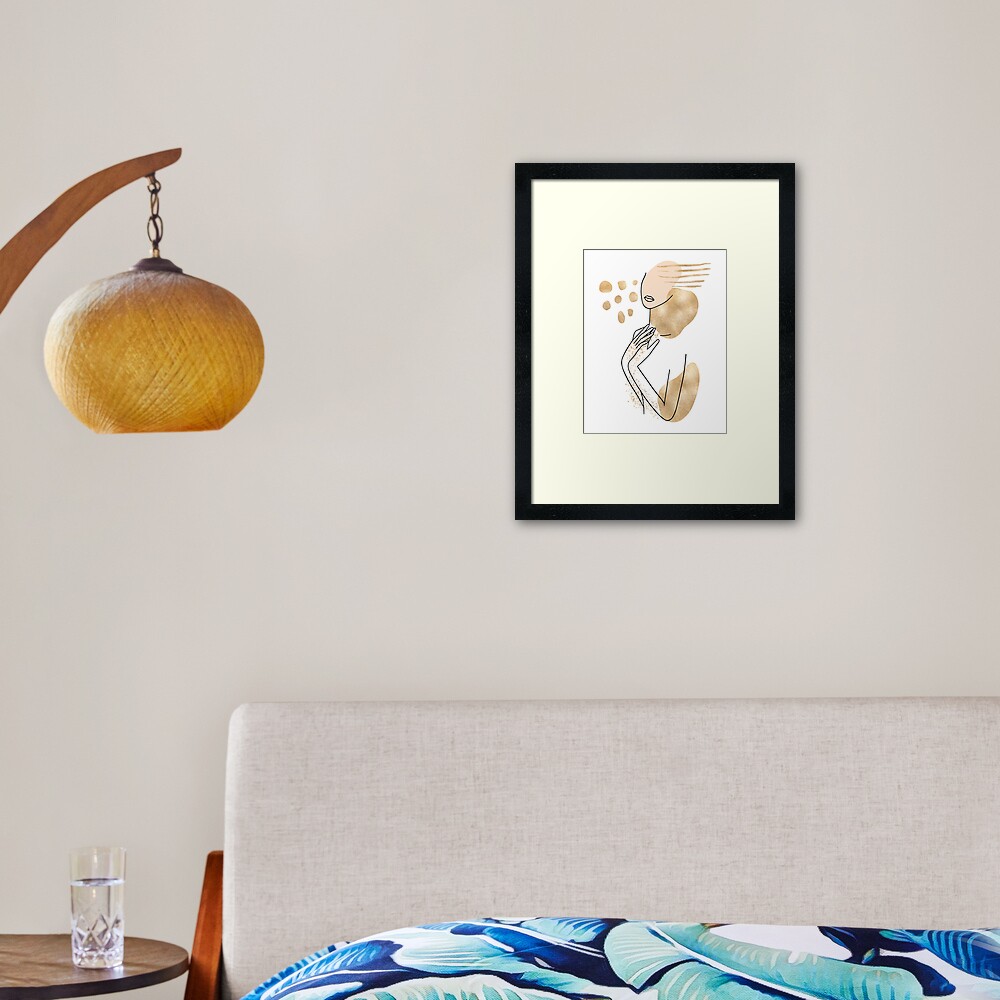 Abstract Line Art Woman With Gold Shapes Framed Art Print