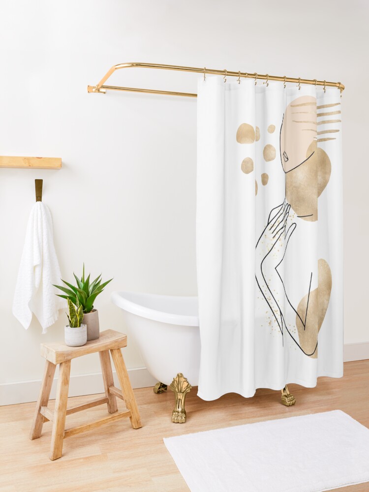 Alternate view of Abstract Line Art Woman With Gold Shapes Shower Curtain