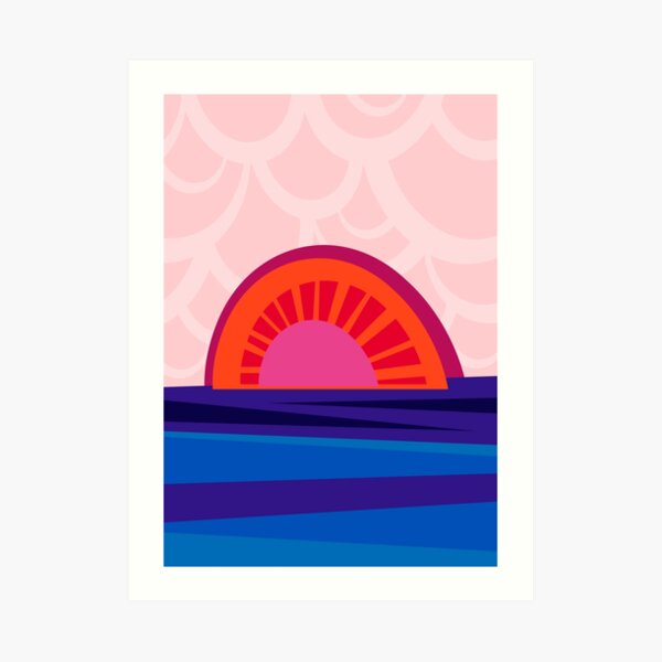 Retro Sonnenuntergang – Illustration in strahlendem Blau, Orange und Rot Kunstdruck