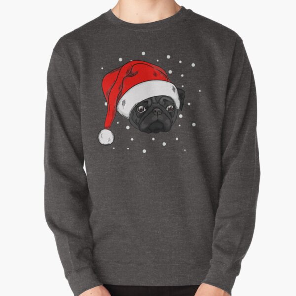 Cute black pug in christmas hat Pullover Sweatshirt