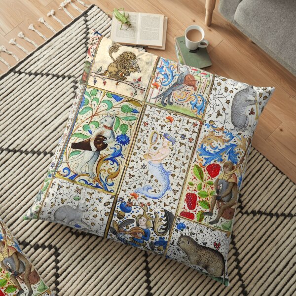 WEIRD MEDIEVAL BESTIARY PLAYING MUSICAL INSTRUMENTS AMONG FLOWERS AND FRUITS Floor Pillow