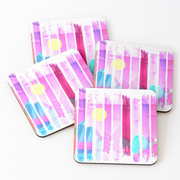 Item preview, Pink Brushstrokes Landscape with Blue Mountains and Golden Yellow Sun designed and sold by EightWinds.