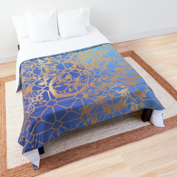 Gold Filigree and Lace on Blue Comforter