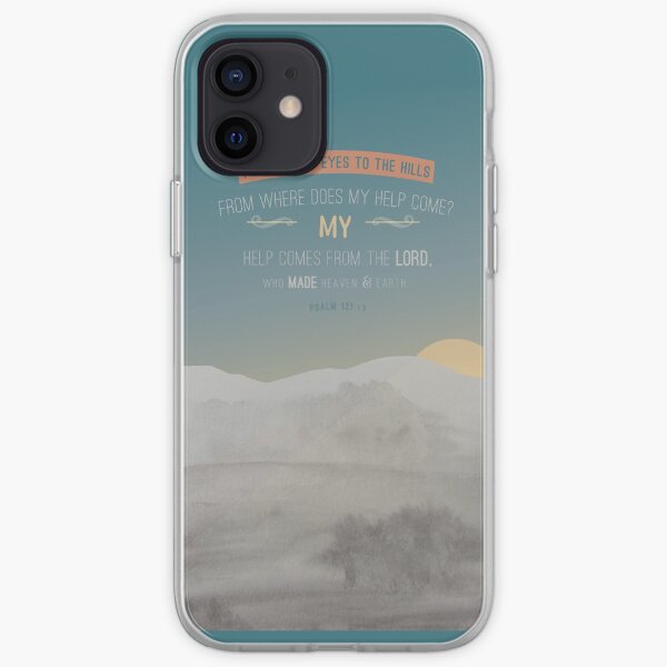 Modern watercolour painting grey, blue design, scripture bible verse Psalm 121 verse 1 'my help helps from the lord, who made heaven and earth'. Powerful. iPhone Soft Case