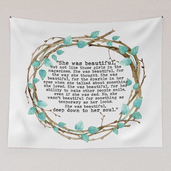 Item preview, "She Was Beautiful" | Quote from F. Scott Fitzgerald | Blue Leaf Wreath designed and sold by ABdigitaldesign.