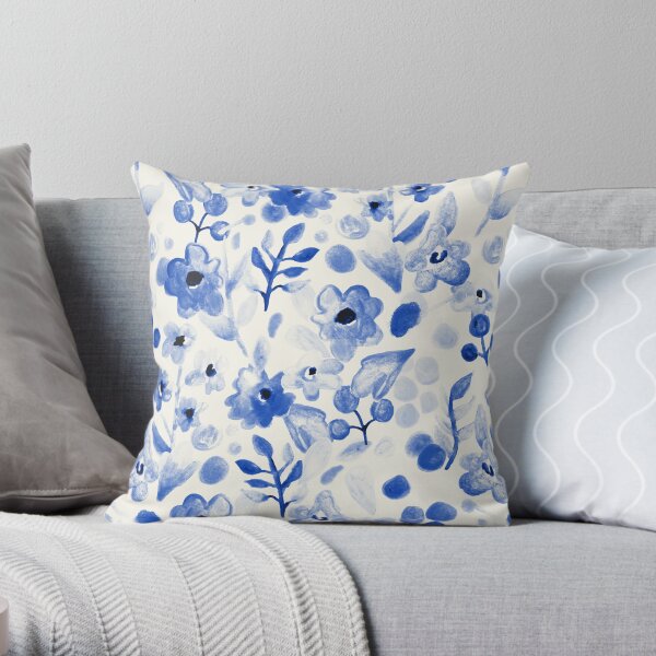 Blue China - Watercolor Floral Throw Pillow