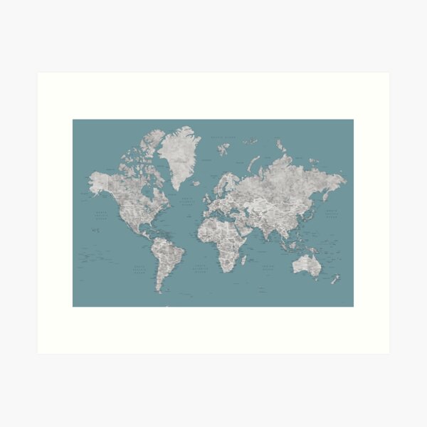 Vista previa del artículo con la obra «Mapa detallado del mundo gris acuarela y verde azulado», diseñado y vendido por blursbyai.