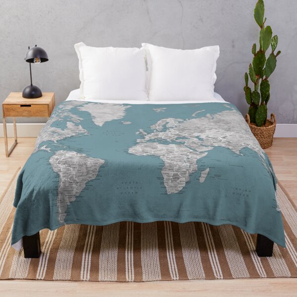 Item preview, Detailed grey watercolor and teal world map designed and sold by blursbyai.