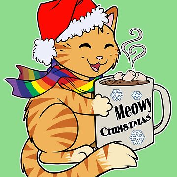 Artwork thumbnail, Gay Pride Kitty Santa Hat Meowy Christmas Cute Funny Holiday by cybercat