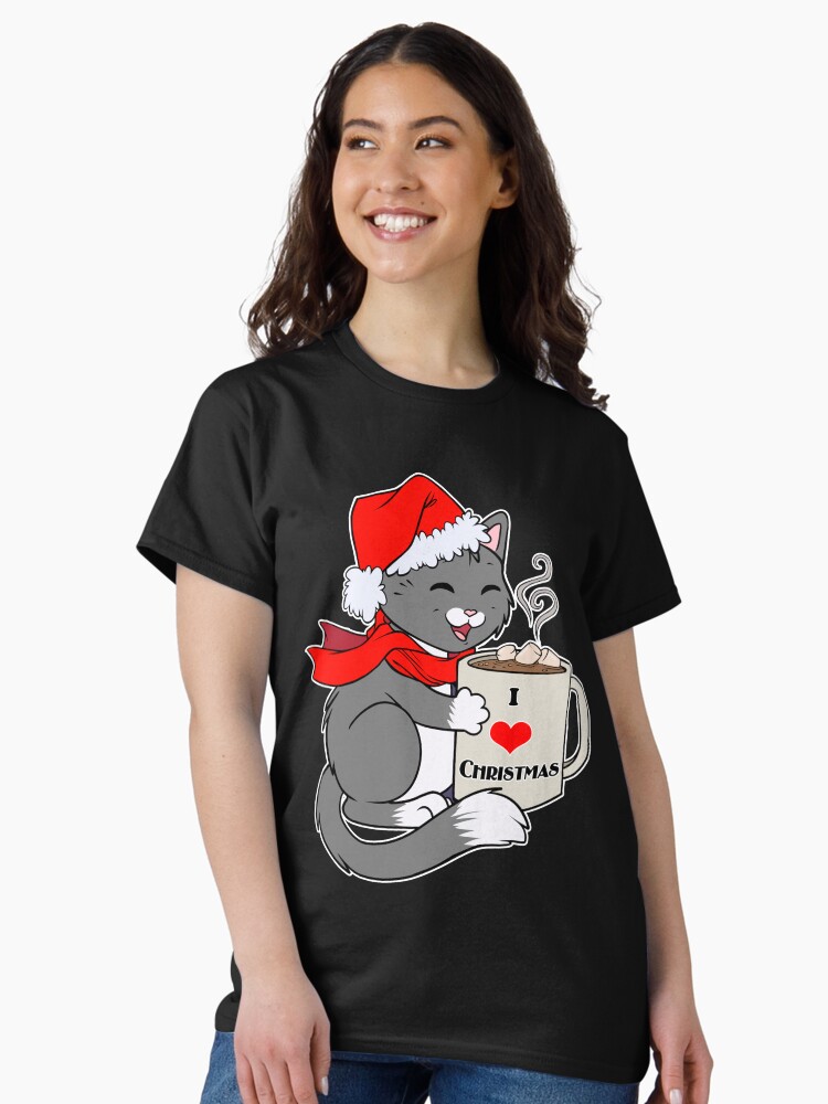Thumbnail 2 of 7, Classic T-Shirt, Cute Tuxedo Kitty Santa Hat I Love Christmas Hot Cocoa Funny Holiday designed and sold by cybercat.