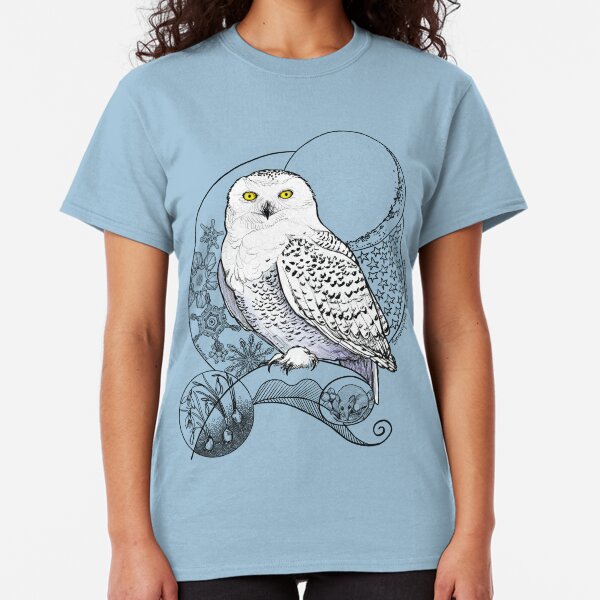 Snowy Owl Doodle in a wintery scene Classic T-Shirt