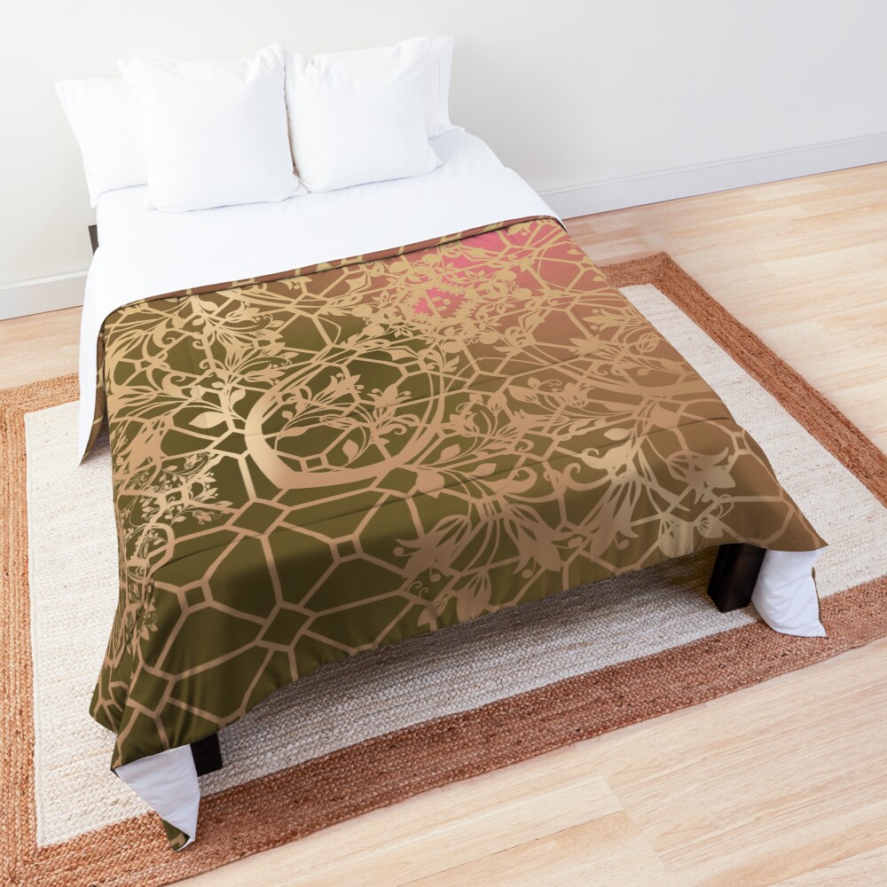 Gold Filigree and Lace on Green and Pink Comforter