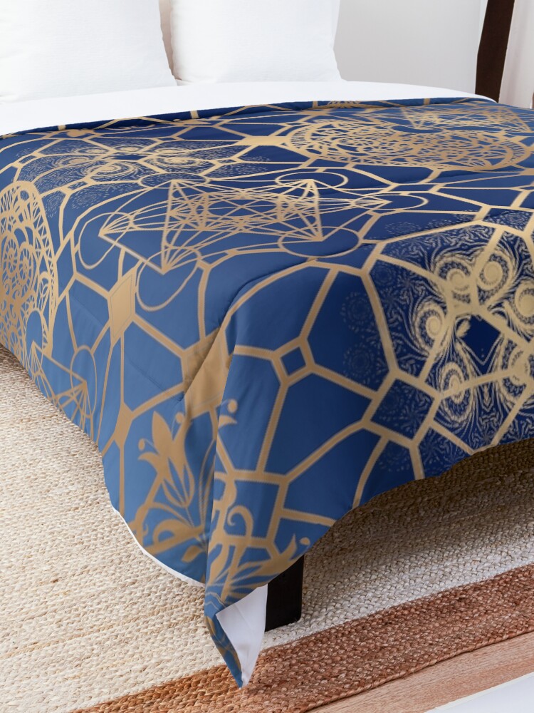 Alternate view of Gold Mandalas and Lace on Blue Comforter