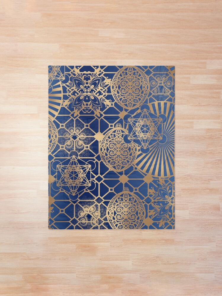 Alternate view of Gold Mandalas and Lace on Blue Comforter