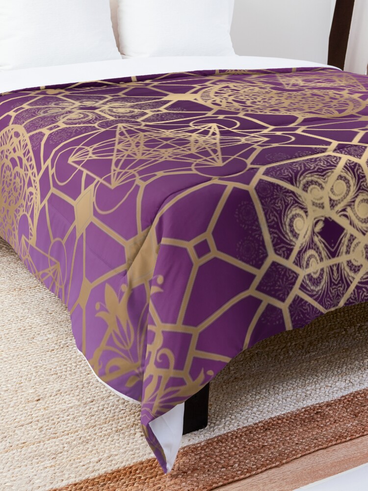 Alternate view of Gold Mandalas and Lace on Purple Comforter