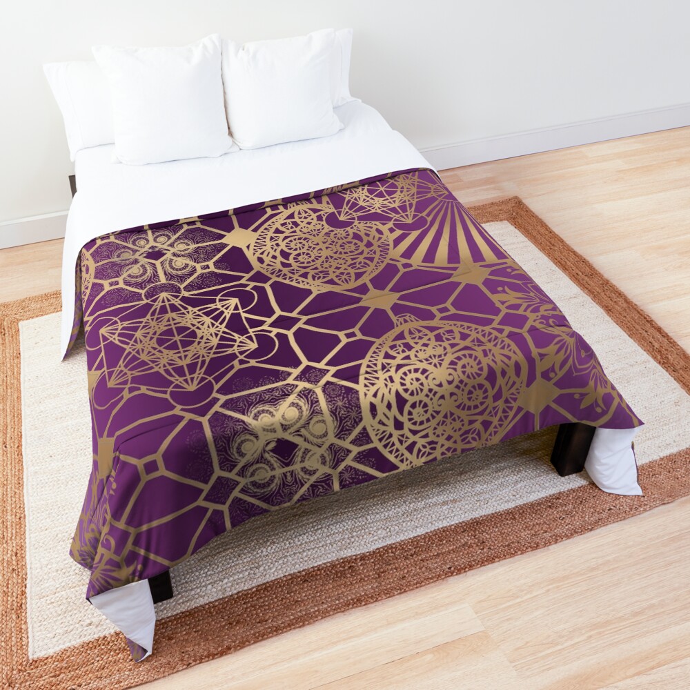 Gold Mandalas and Lace on Purple Comforter