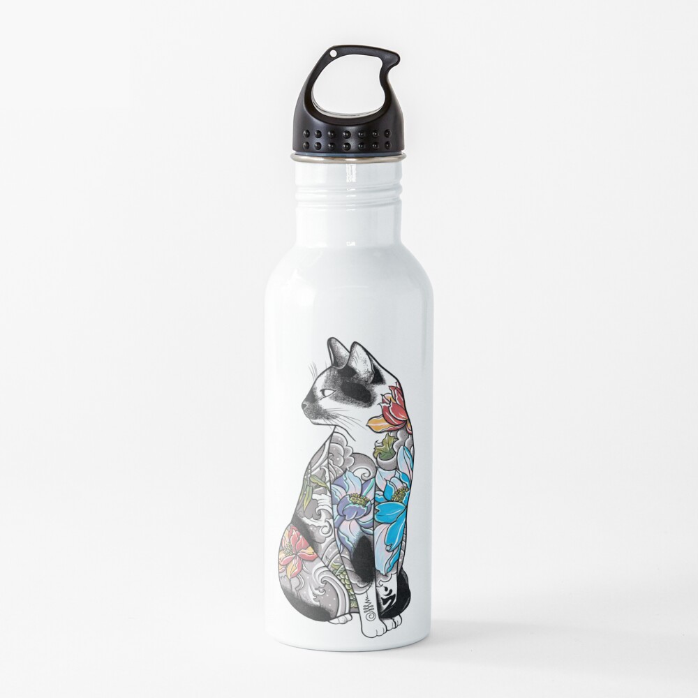 Cat in Lotus Tattoo Water Bottle