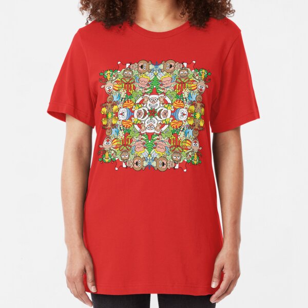 Christmas characters having fun in a crazy pattern design Slim Fit T-Shirt