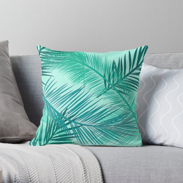 KD Spain — Palm Leaf Teal Tropical Woodblock Style Colorful Throw Pillow  Accent Decor