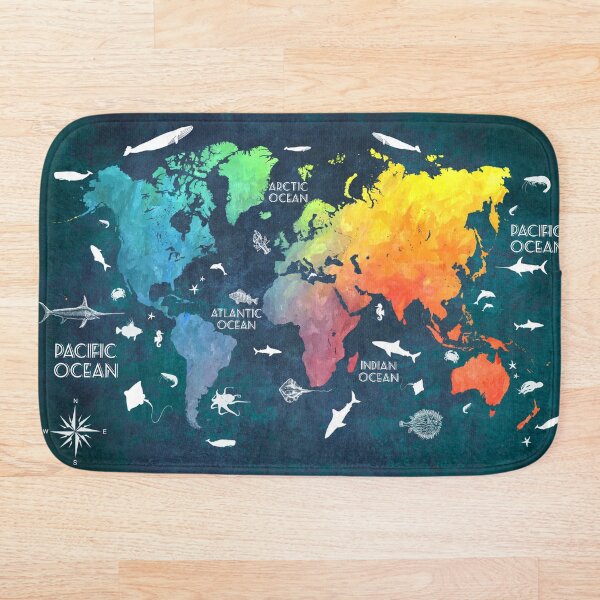 Oceans Life World Map colored Bath Mat