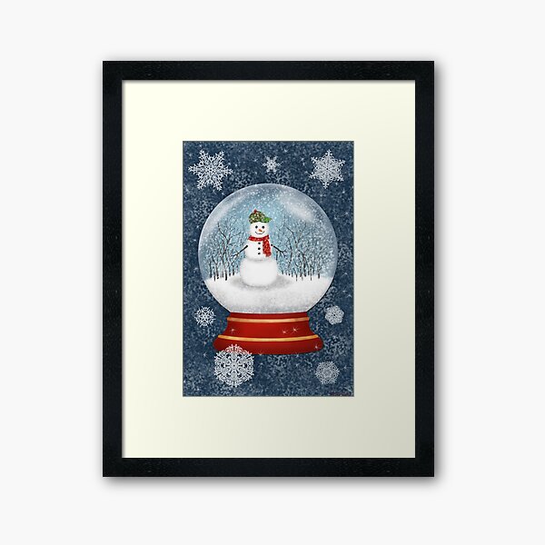Muñeco de nieve Snow Globe con Snowy Sky Lámina enmarcada