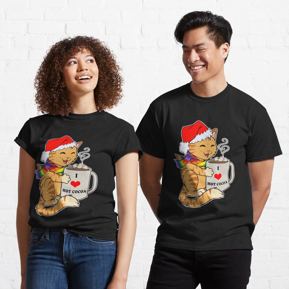 Gay Pride  Cute Tabby Cat Santa Hat I Love Hot Cocoa Funny Holiday  Classic T-Shirt