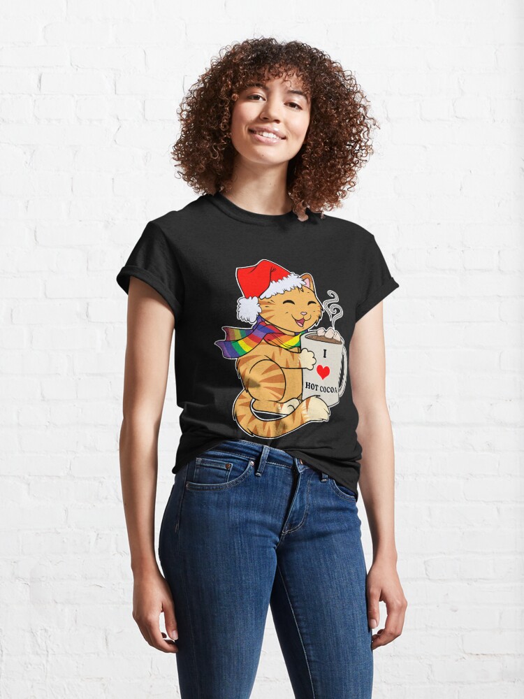 Thumbnail 4 of 7, Classic T-Shirt, Gay Pride Cute Tabby Cat Santa Hat I Love Hot Cocoa Funny Holiday designed and sold by cybercat.