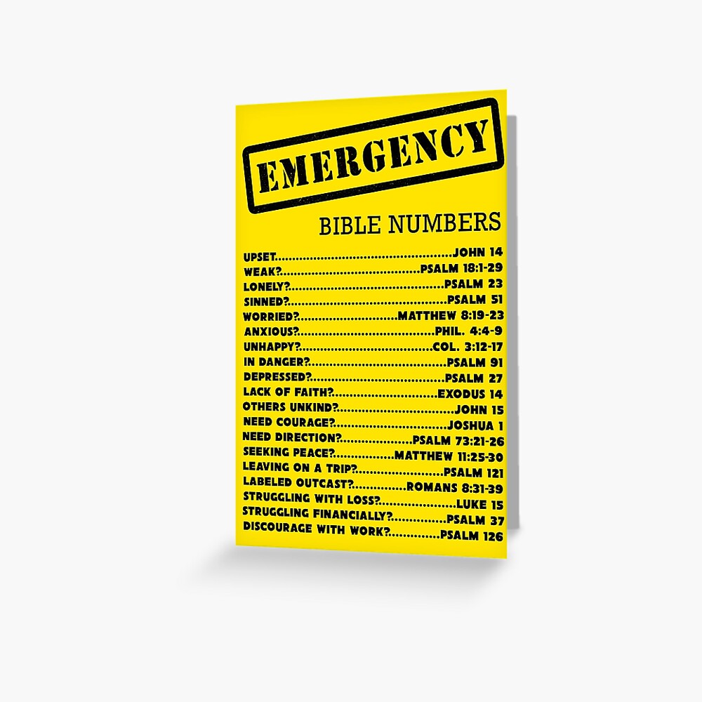 emergency bible numbers greeting card by jenielsondesign redbubble
