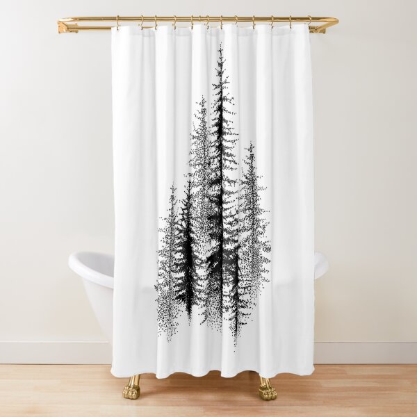 Dotwork black scandinavian forest. Shower Curtain