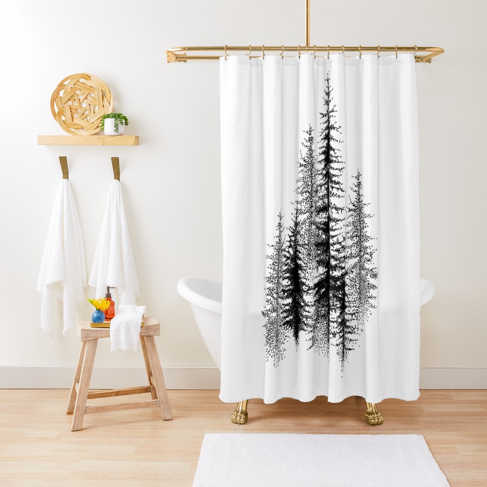 Dotwork black scandinavian forest. Shower Curtain