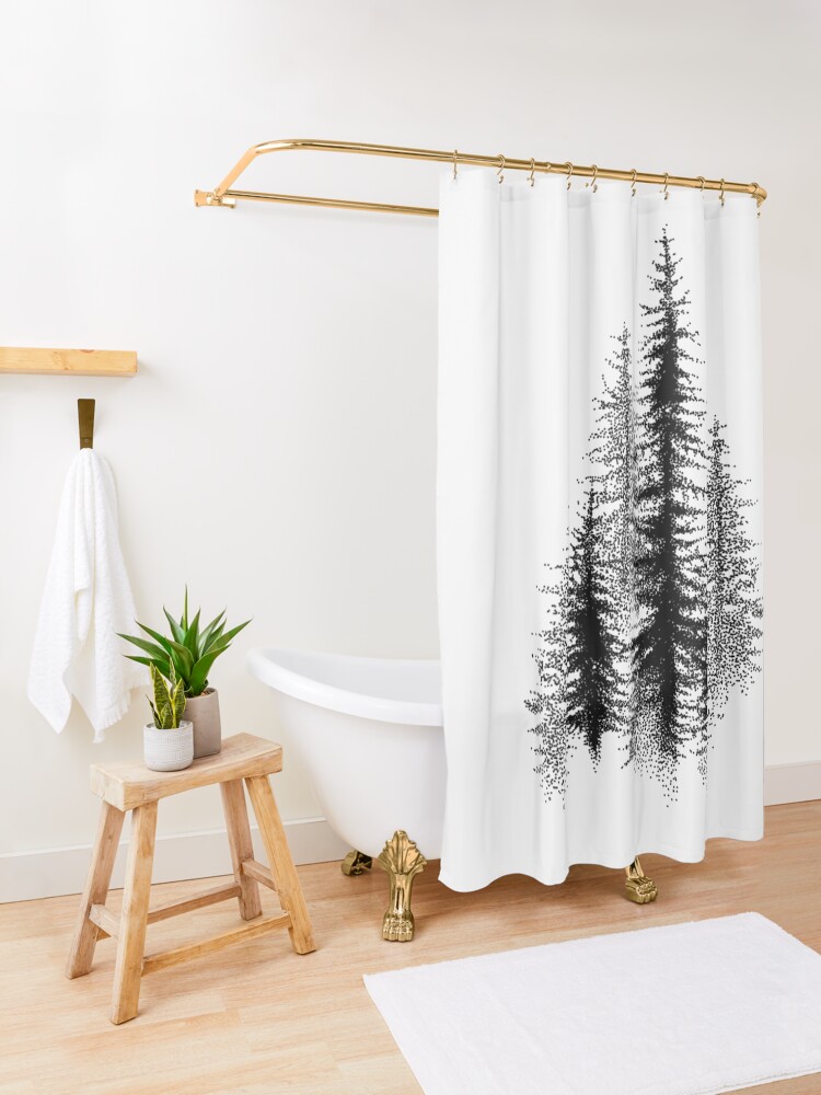 Alternate view of Dotwork black scandinavian forest. Shower Curtain