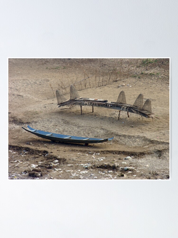 Mekong Traditional Fishing Boat and Fishing Gear Laos Poster for