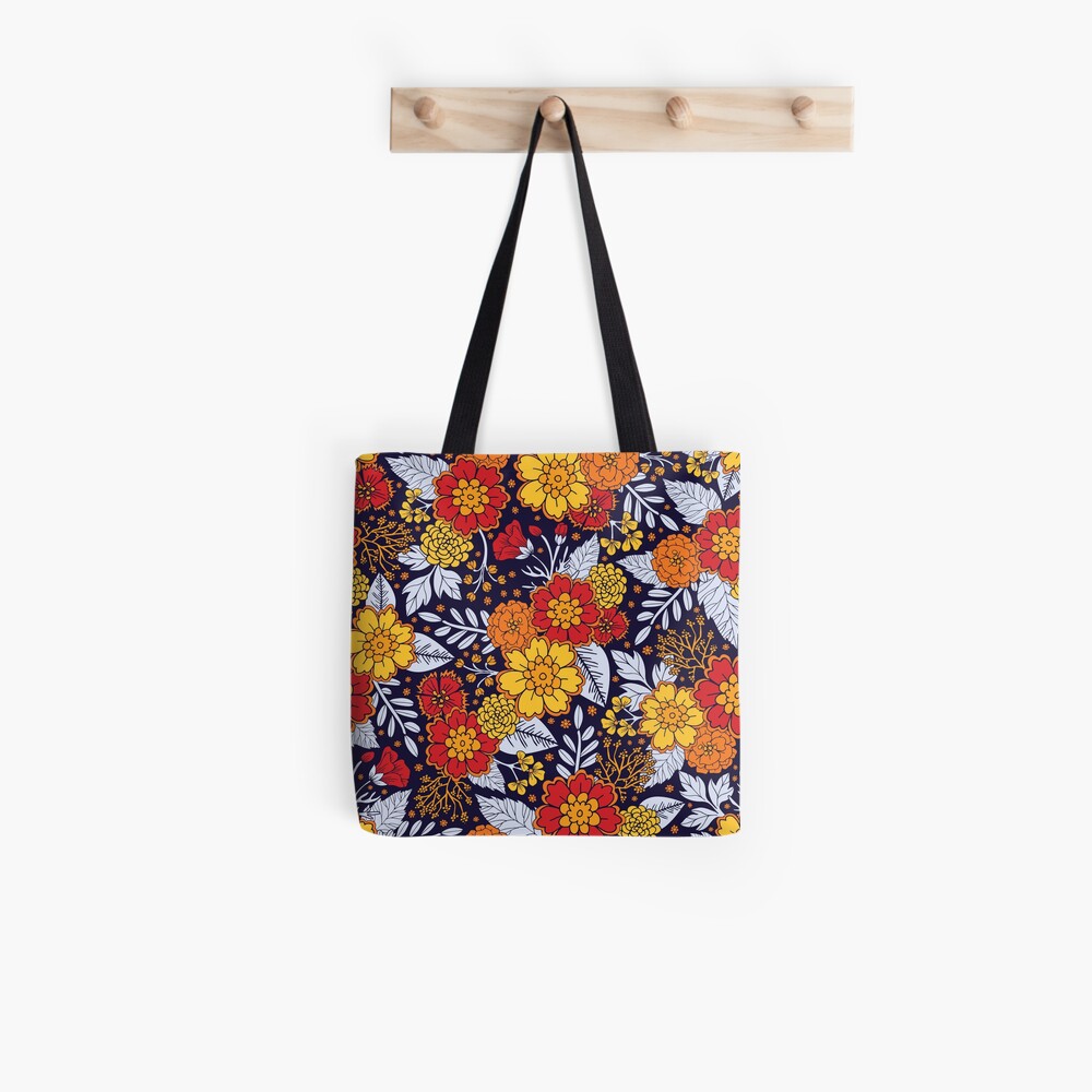 Red, Yellow, Orange & Navy Blue Flowers/Floral Pattern