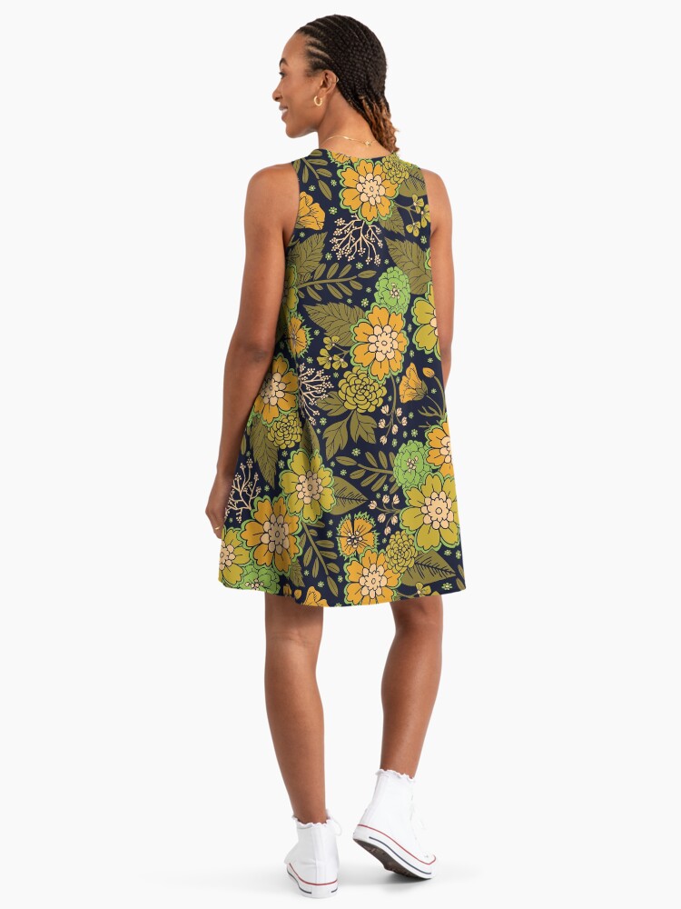 Retro 1970s Floral Pattern/Olive Green & Harvest Gold Botany A-Line Dress