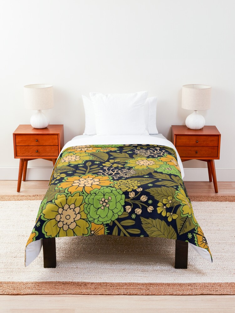 Retro 60s/70s Orange & Olive Green Floral Comforter for Sale by  somecallmebeth