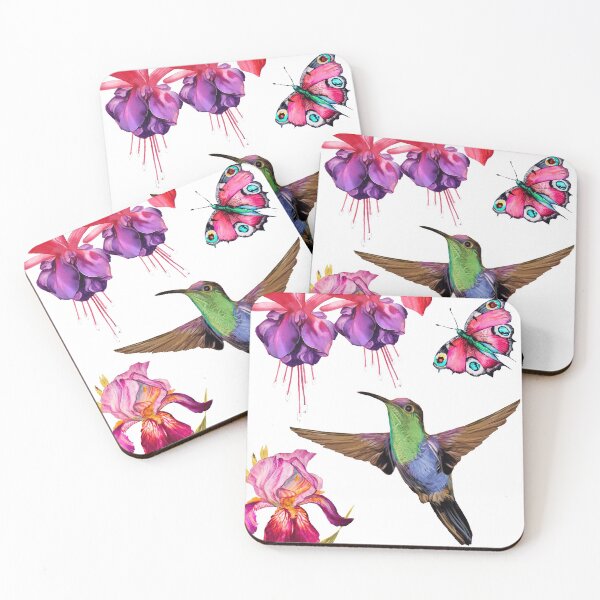 Item preview, Hummingbird and butterfly flying towards some fuchsia and iris flowers designed and sold by gabmenfer.